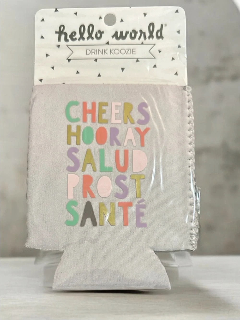 Hello World Drink Koozie -Cheers Hooray Salud Prost Santé' Pastel Lettering 1551